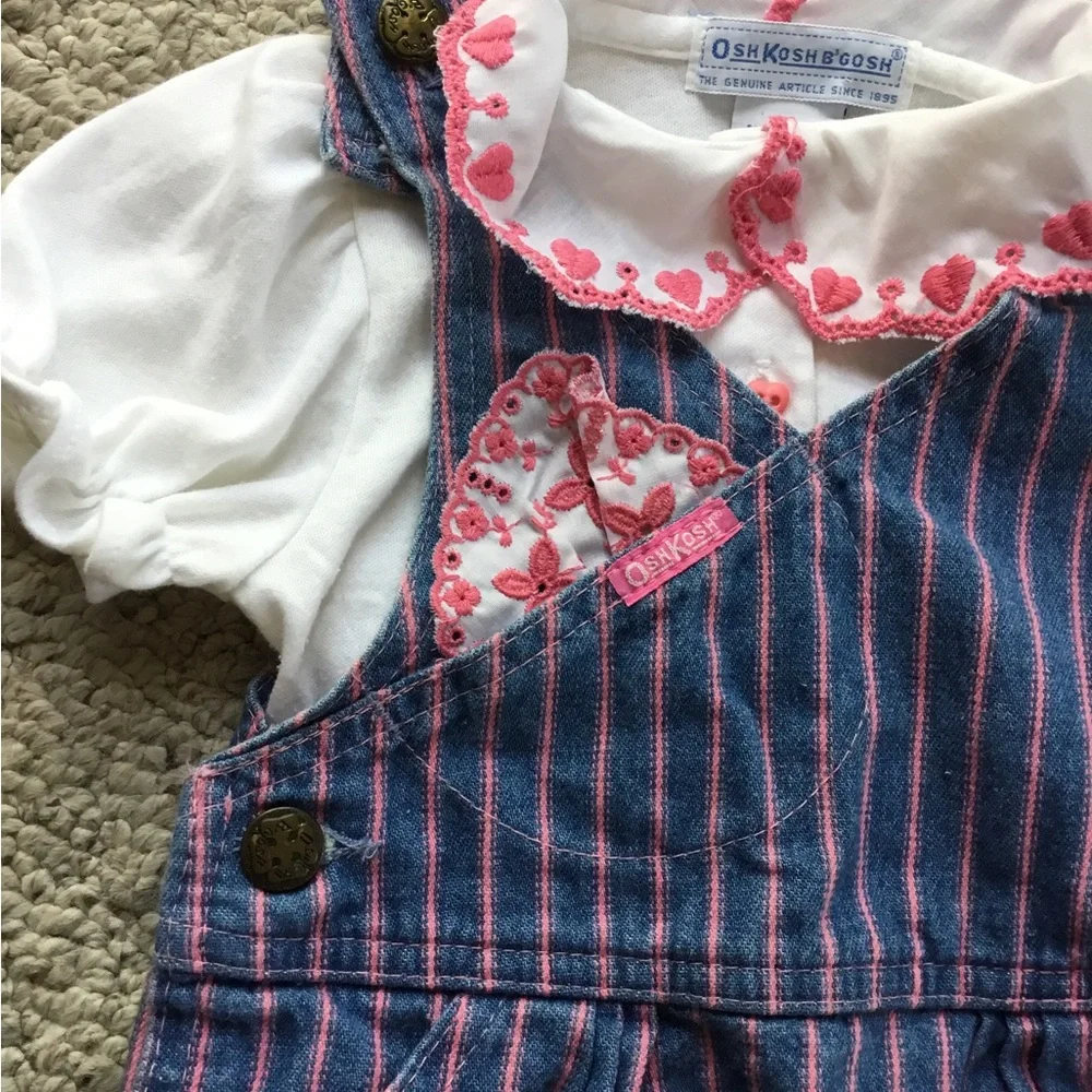 OshKosh B'gosh Blue and Pink Striped Pinafore with White Blouse